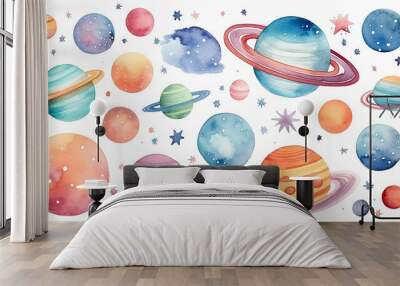 planets in space on a white background, watercolor drawing for children primitive minimalistic poster illustration Wall mural