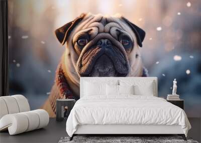 pug winter greeting card. Generative AI Wall mural