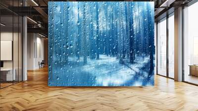 rain on glass, abstract landscape view early spring and rain behind a transparent window with raindrops Wall mural