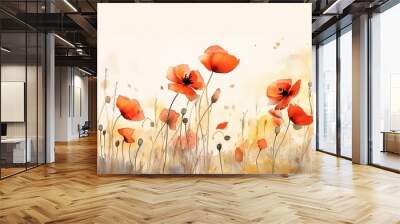 red poppies watercolor delicate drawing of wild flowers in a field on a white background. Wall mural