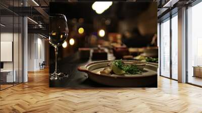 romance dinner restaurant table setting, background in abstract bar table food and wine Wall mural