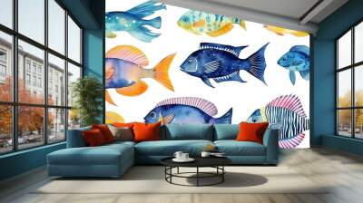 sea fish, collection, set, watercolor illustration isolated on a white background multicolored sea fish Wall mural