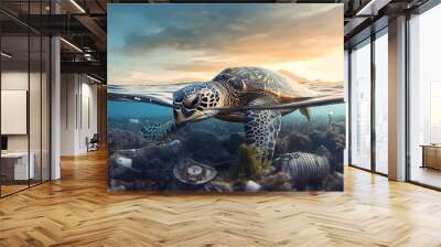 sea turtle underwater plastic bag, ocean pollution. Generative AI Wall mural