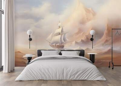 ship with sails in the desert on sandy waves oil paint painting. Wall mural