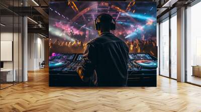 silhouette of a DJ at the remote control, a view from the back against the background of a nightclub with a crowd of dancing people, a night disco music festival Wall mural