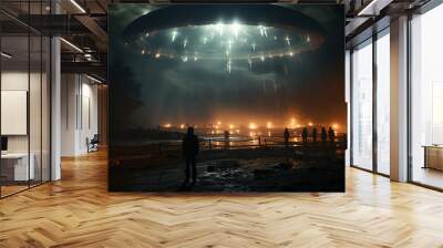 silhouette of a man in the night fog against the background of a landing UFO, kidnapping Wall mural