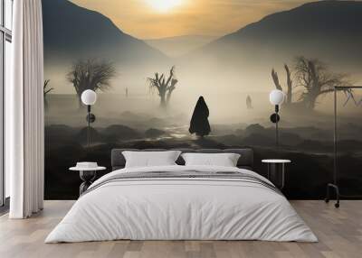 silhouette of an ancient dark traveler in the desert at sunset biblical story. Wall mural