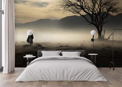 silhouette of an ancient dark traveler in the desert at sunset biblical story. Wall mural