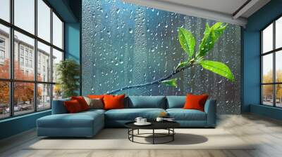 spring rain in the forest, fresh branches of a bud and young leaves with raindrops Wall mural