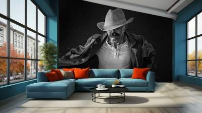 stylized vintage portrait of a man wild west, mustachioed dangerous criminal, mustache on his face Wall mural