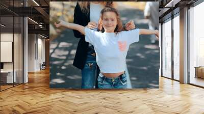 summer children's holiday / cheerful children's game, sisters happy and playing outdoors in summer Wall mural