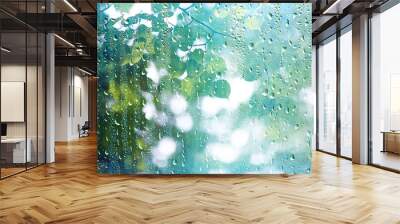 summer rain wet glass / abstract background landscape on a rainy day outside the window blurred background Wall mural