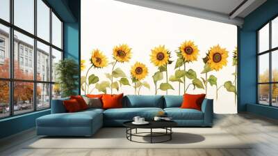 sunflowers watercolor on a white background, summer flowers. generative ai Wall mural