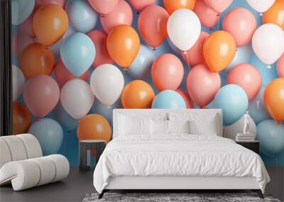 texture background of flying multicolored balloons, party decoration carnival design. Generative AI. Wall mural