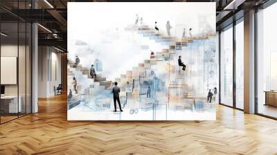 the concept of business processes in modern society, abstract people simple graphics on a white background Wall mural