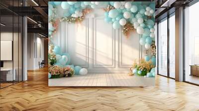 the studio is decorated with balloons blue holiday. Wall mural