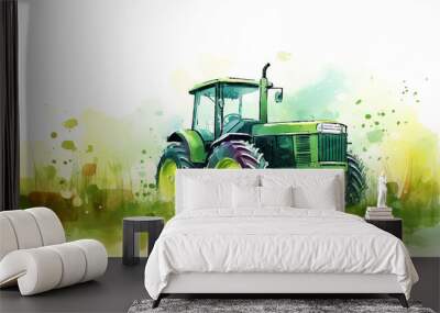 Tractor on a green field, children's drawing in watercolor style Wall mural