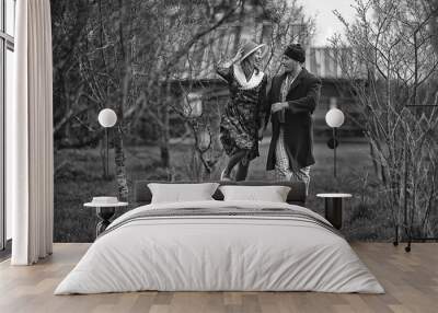 vintage couple in love village black and white french retro style man and woman Wall mural