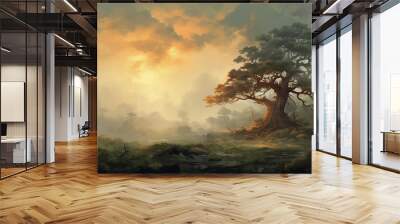 vintage oil painting sunset lonely tree nature landscape. Wall mural