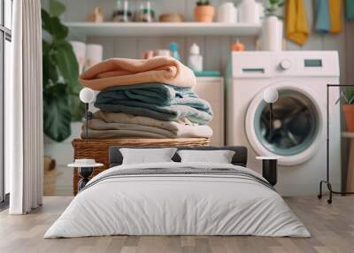 washing machine and a stack of laundry light background cozy house. Wall mural