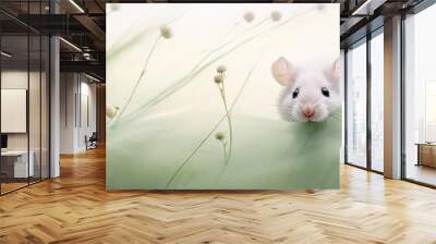 watercolor artwork, cute white mouse in green spring grass, springtime background copy space illustration for children Wall mural