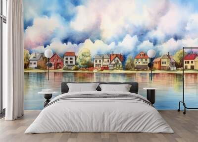 watercolor colorful houses reflected in the lake with clouds landscape panorama. Wall mural