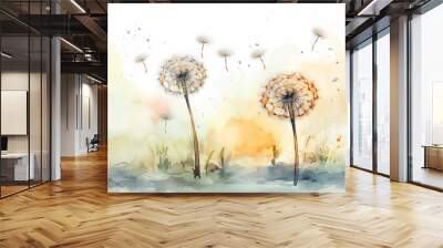 watercolor dandelions art light tones background wallpaper freedom of flight. Generative AI Wall mural