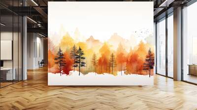 watercolor drawing painting multicolored autumn forest on a white background banner Wall mural