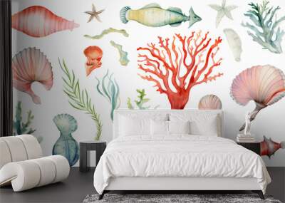 watercolor illustration collection underwater world of fish and corals isolated on a white background Wall mural