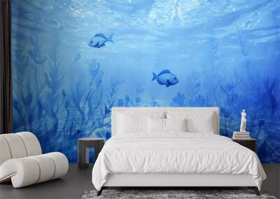 watercolor underwater world, sea depth landscape, fish and corals illustration of the ocean at the bottom Wall mural