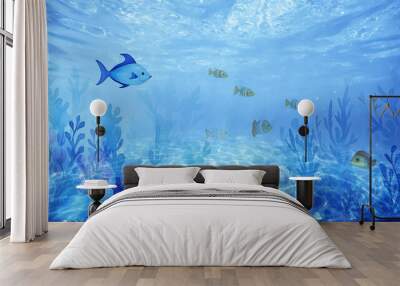 watercolor underwater world, sea depth landscape, fish and corals illustration of the ocean at the bottom Wall mural