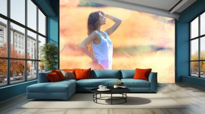 wheat field summer landscape, happy young model / freedom and relaxation concept in summer and autumn Wall mural