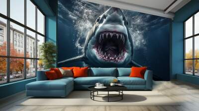 white shark underwater jaws open predator attacks. Wall mural