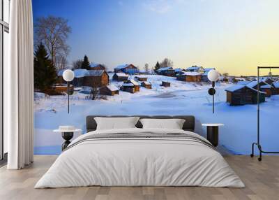 winter landscape russian village north wooden house Wall mural