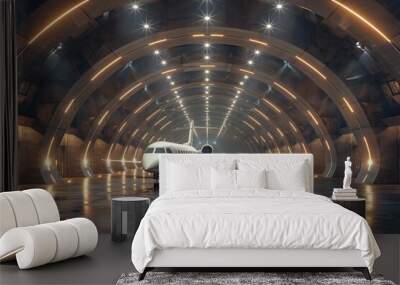 Futuristic Underground Hangar Complex with Parked Aircraft Wall mural