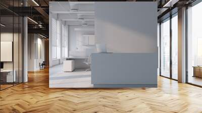 White and gray office hall and white reception desk with mockup laptop, open space area in 3d background, co working space with city view, empty room with sunny day, office furniture, 3d rendering Wall mural