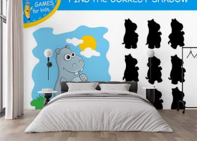 Find the correct shadow the cute cartoon Hippo on colorful background. Educational matching game for children with fun character. Logic Games for Kids. Learnig card for child kindergarten or school. Wall mural