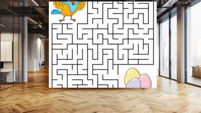 Square maze for kids with cartoon Bird. Find right way to the Eggs. Entry and exit. Puzzle Game with answer. Learning Labyrinth conundrum. Education worksheet. Activity page. Logic Games for kids. Wall mural