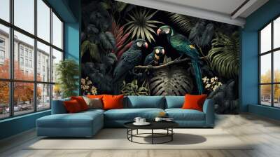 Tropical illustration with green leaves, exotic flowers and parrots on dark background. Generative AI. Wall mural