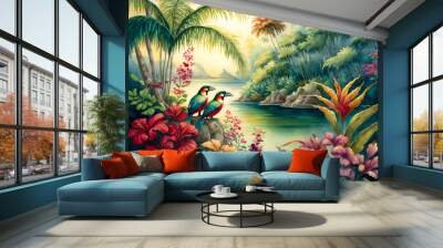 Watercolor tropical summer paradise scene with river, leaves. flowers, and birds. Generative AI. Wall mural