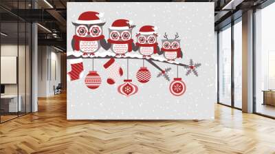 cute owls family christmas seasonal celebration illustration, vector clipart
 Wall mural