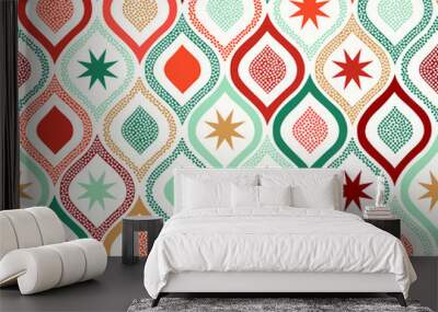 Seamless Christmas geometric stars doodle background. Red, green, gold repeated beautiful abstract modern pattern. Wall mural