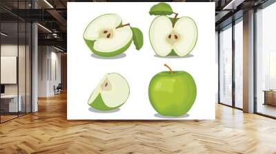 Vector illustration of isolated colored green apple whole, slice, cut on white background. Healthy food vegetarian fruit in cartoon style. Sliced, cut apple collection elements for infograpgic designs Wall mural