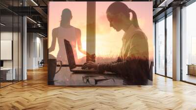 At work wellbeing, focus, mind and concentration concept.  Stress free work environment. Peaceful office setting. Double exposure  Wall mural