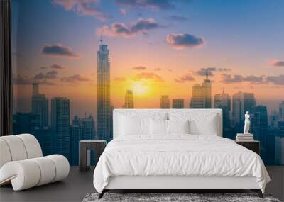 City sunset skyline. Double exposure.  Wall mural