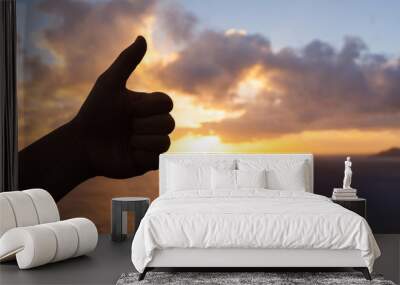 Closeup of male hand showing thumbs up isolated on sunset background.
 Wall mural