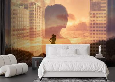 Confident strong woman reaching her goals, mental a physical health concept.  Wall mural