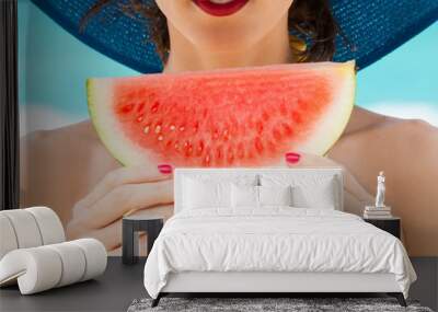 Girl holding a slice of watermelon.  Wall mural