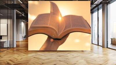 Hand holding bible up to the sunset sky with pages blowing in the wind. Religious belief.  Wall mural