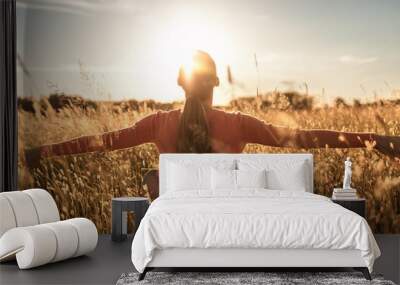 Morning Sunlight over a Rural Farm Landscape with a Young Adult Woman Enjoying Nature Wall mural